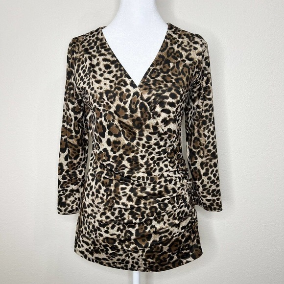 INC International Concepts Tops - INC International Concepts Brown & Black Leopard V-Neck 3/4 Sleeve Faux Wrap Top